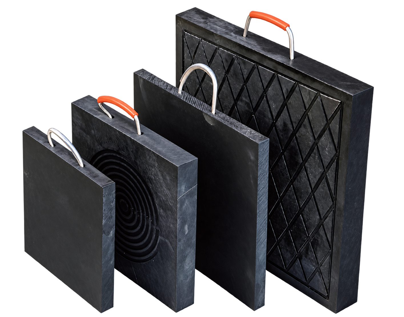 Black outrigger support pads in several shapes with handles